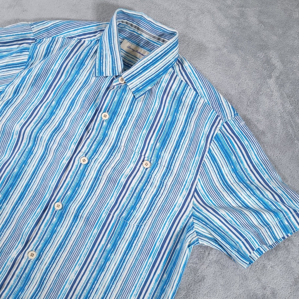 Tommy Bahama IslandZone Shirt Mens Medium Blue White Striped Silk Blend Pocket